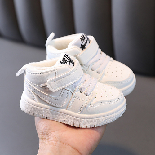 Children's sports shoes for boys and girls, mid-top sneakers, winter cotton shoes, Korean style baby shoes for boys and girls, soft-soled toddler shoes