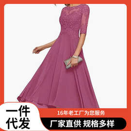 2025跨境外贸亚马逊晚礼服蕾丝贴花绑带短袖舞会妈妈装