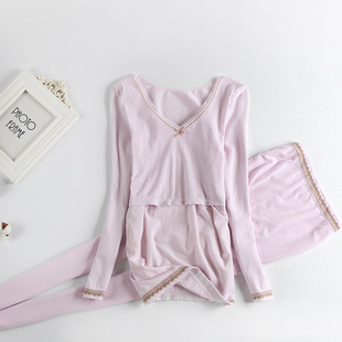 Pregnant Women's Autumn Clothes and Pants suit Postpartum Nursing Monthly Clothes Pajamas Dual-purpose Non-cotton Breastfeeding suit Autumn and Winter