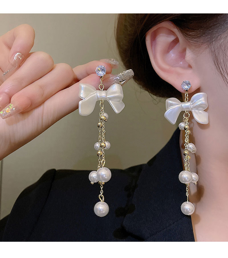 Sweet Bow Knot Copper Tassel Drop Earrings 1 Pair