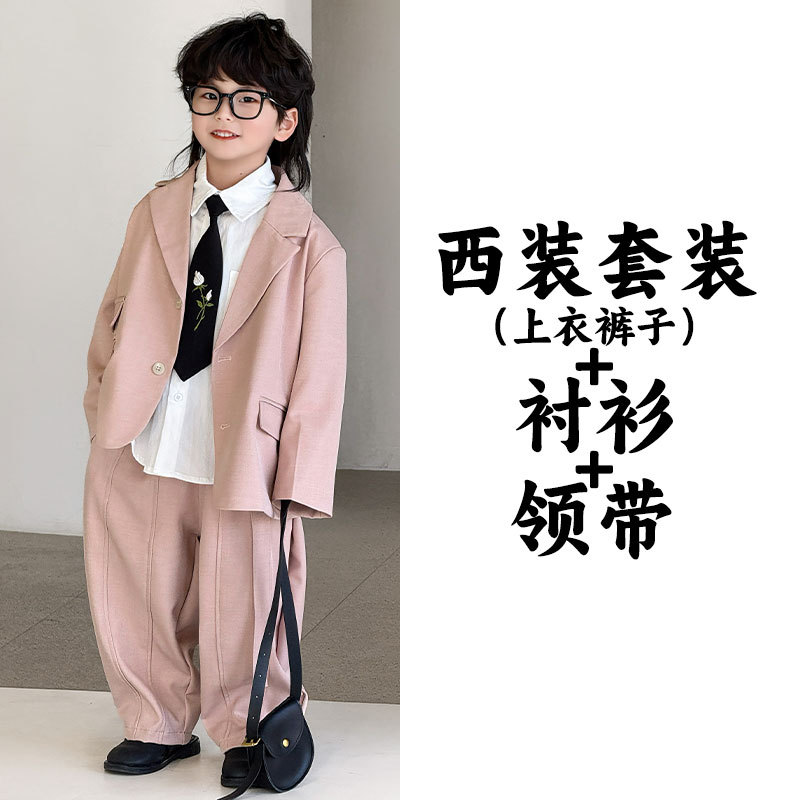 25117 розовый костюмный комплект (топ + брюки) + 25128 белая рубашка + галстук-батон