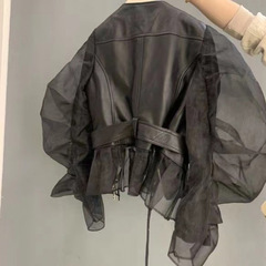 买手店专柜检漏bi入~短外套女欧根纱泡泡袖荷叶边时尚皮衣秋 大码