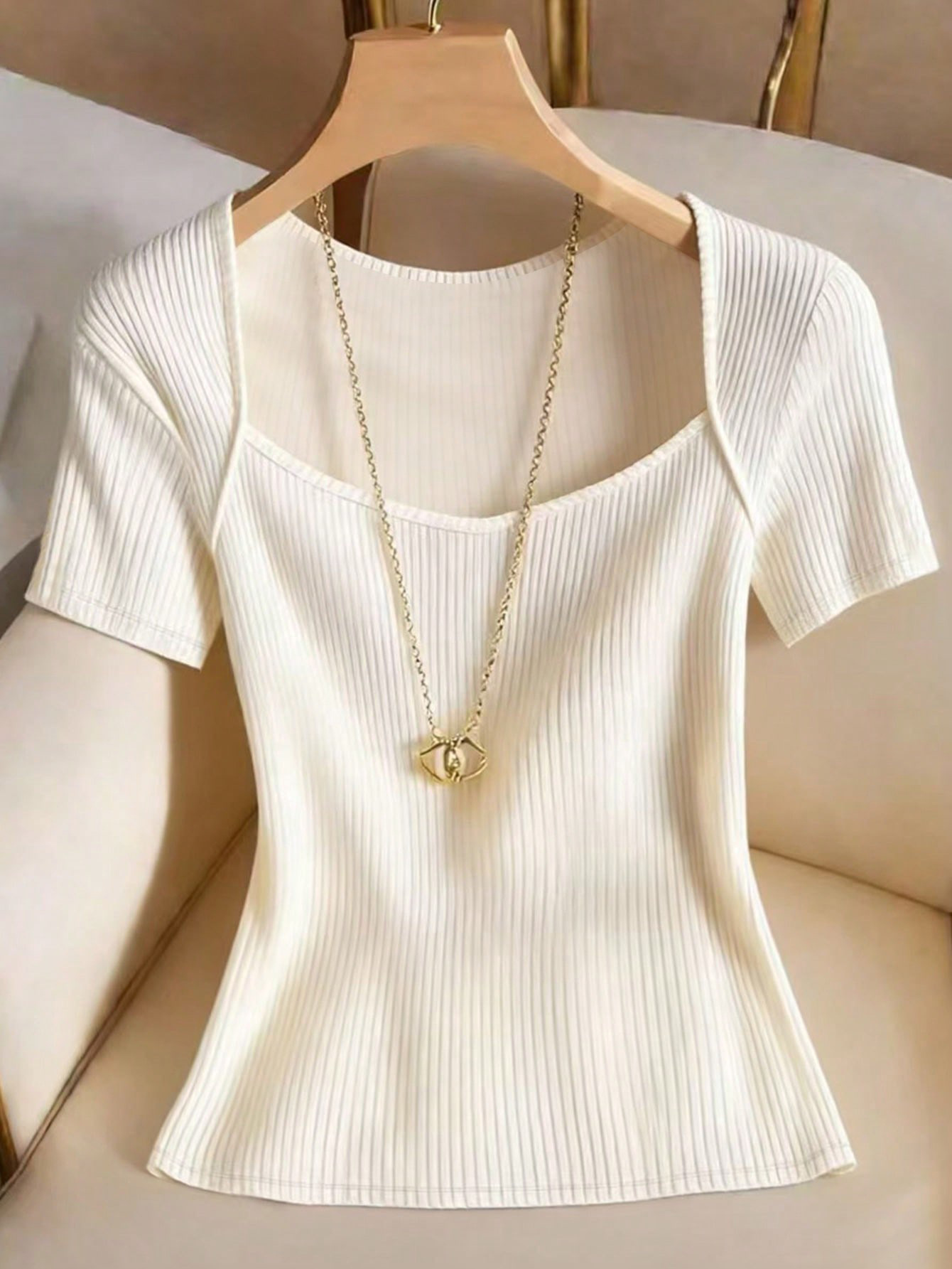 New Summer Women's Slim Fit T-Shirt Elegant European American Style Apricot Square Neck Short Sleeve Patchwork Casual Top_ecoleips.com