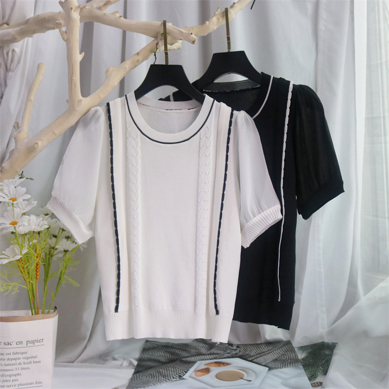 Summer shiffon design short sleeve T-shirt with a round collar