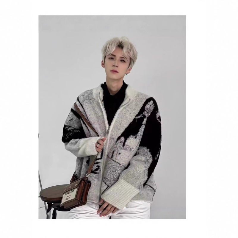 Long-Sleeved Stand-Up Collar Ink Tie-Dye Thorn Zipper Cardigan Sweater Men's Autumn and Winter Jacket American Knitted Jacket Trendy Brand