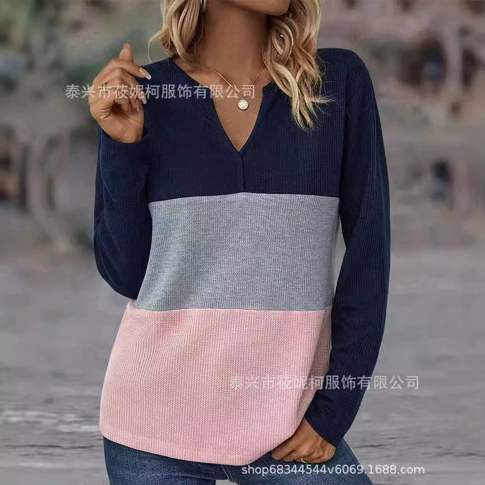 2024 новый женский трансграничный европейский и американский женский Amazon осень-зима новый V-образный вырез длинный рукав сшивание футболка топ-кросс