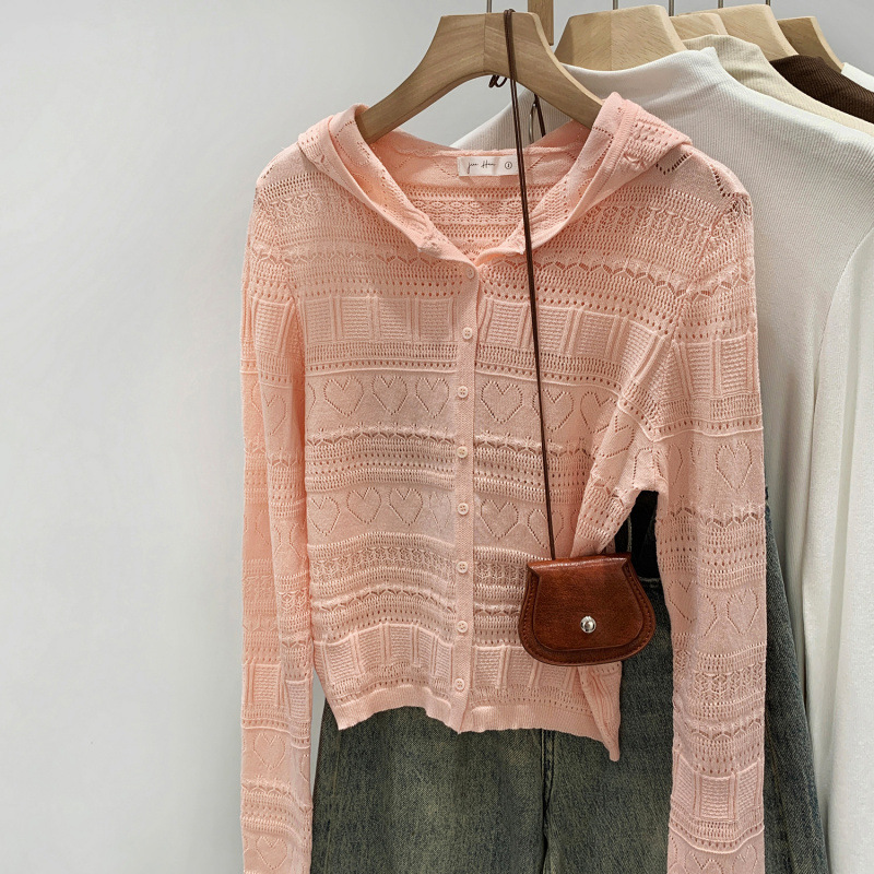 Brand Discount Pink Cut Out Crochet Long-Sleeved Hooded Knitted Cardigan for Women 2025 Summer New Thin Sun Protection Top