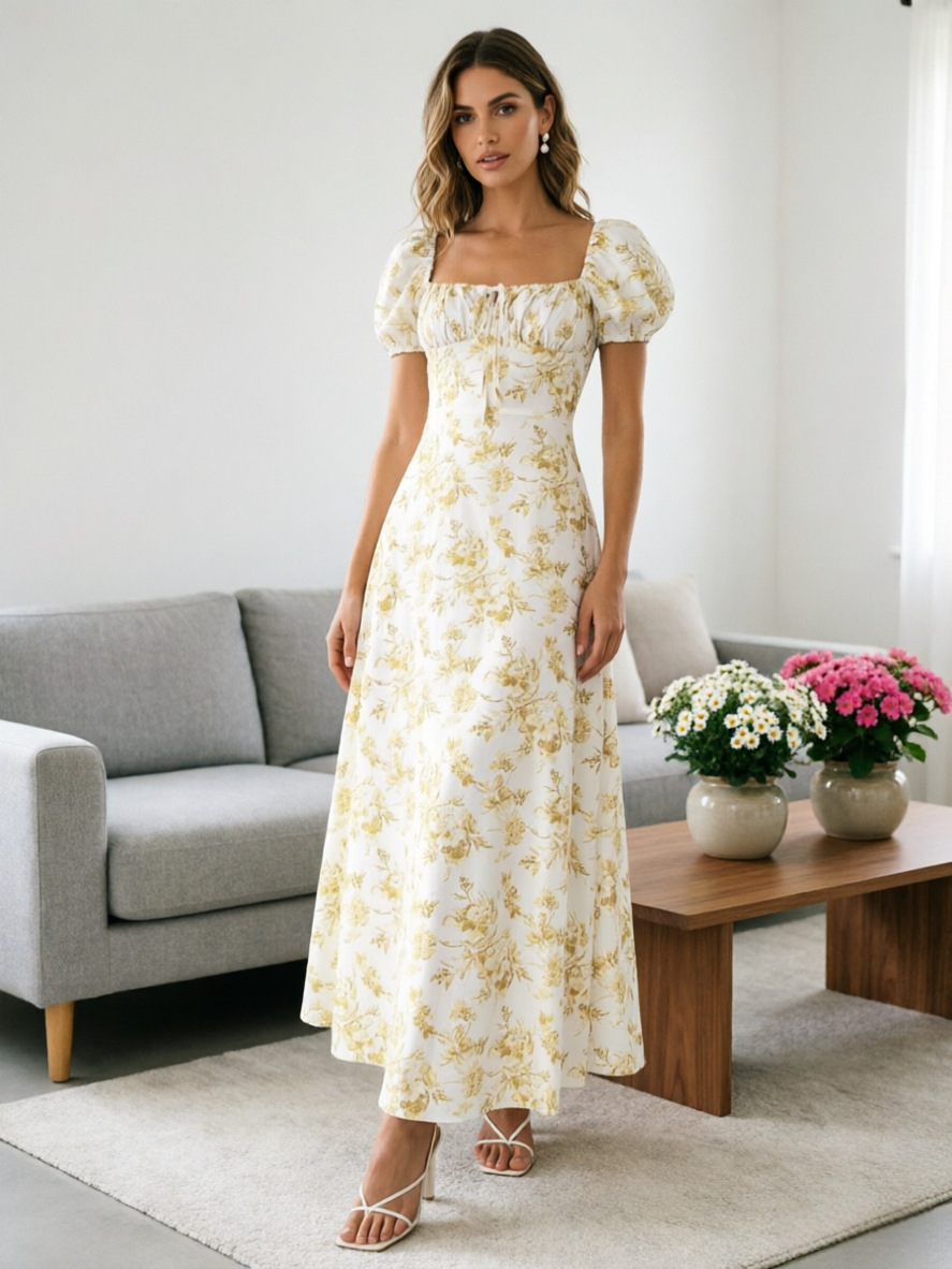 Women's Floral Print Short Sleeve Bodycon Flared Maxi Dress – Slim Fit Casual Summer Gown_ecoleips.com