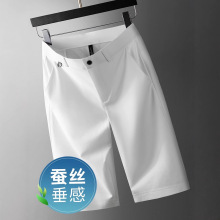 高端桑蚕丝_精品七分裤男夏季薄款白色短裤男宽松直筒商务中裤子