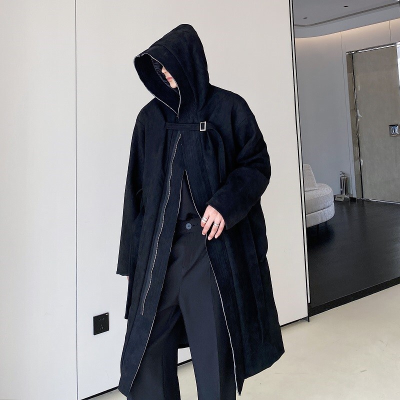 Dark Wizard Profile Dalian Hat Tie Over-the-Knee Long Suede Windbreaker Men's Shoulder Thickened Coat Jacket
