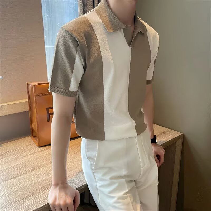 Korean Style Summer Ice Silk Black and White Color-Blocked Short-Sleeved Men's Polo Shirt Loose and Light Mature Contrasting Color Lapel Trendy Breathable Knitted
