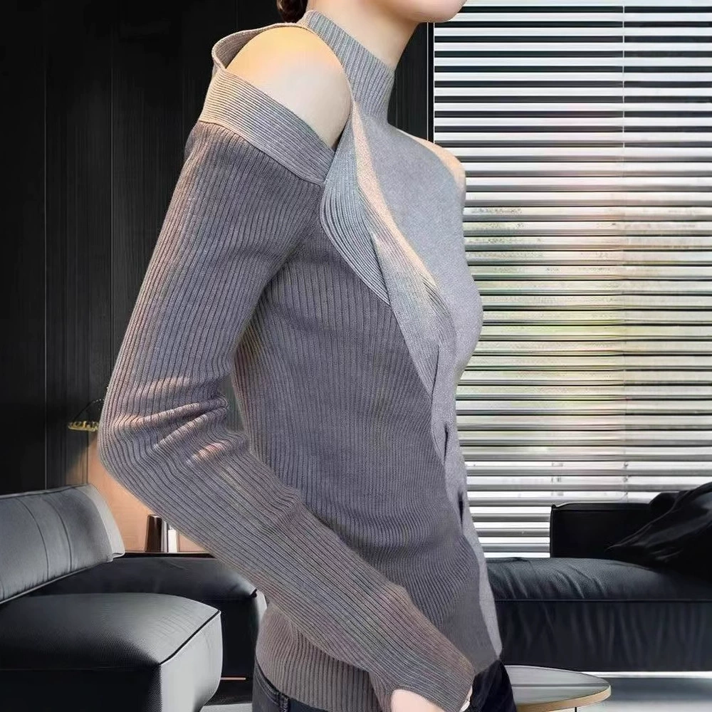Colored knitted long-sleeve, sweater, high collar, western style