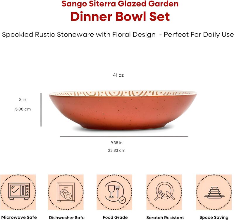 Retro Spotted Stoneware Pasta Bowl Set of 4, Pastoral Style Household Salad and Noodle Shallow Large Serving Bowls
