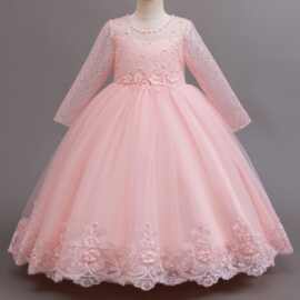 外贸儿童刺绣礼服裙长袖公主演出裙晚会派对蓬蓬连衣裙kids dress