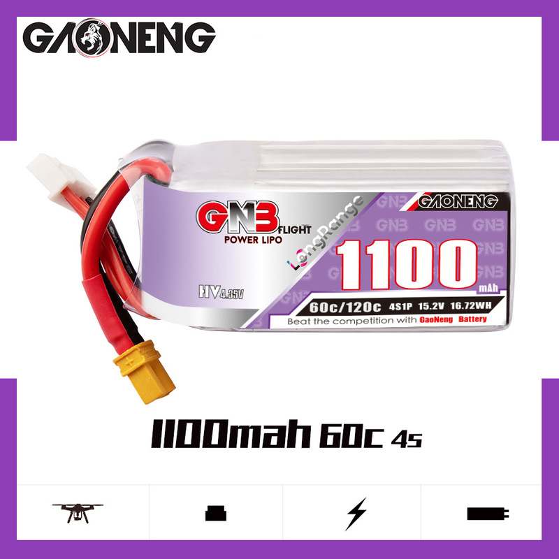 GNB high energy 1100mAh 4S 15.2V 60C HV is adapted to 5 inch long endurance crossing aircraft FPV lithium battery GNB high energy 1100mAh 4S 15.2V 60C HV is adapted to 5 inch long endurance crossing aircraft FPV lithium battery