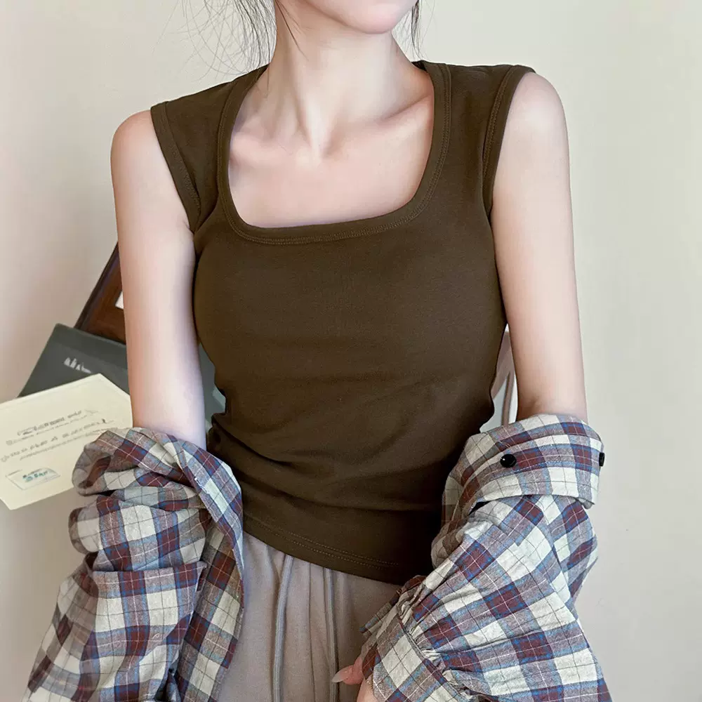 纯色方领遮副乳春夏工字打底背心女甜辣bm修身吊带小个子无袖上衣