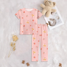 kids pajamas夏新款欧美儿童短袖套装家居服宝宝圆领草莓印花睡衣