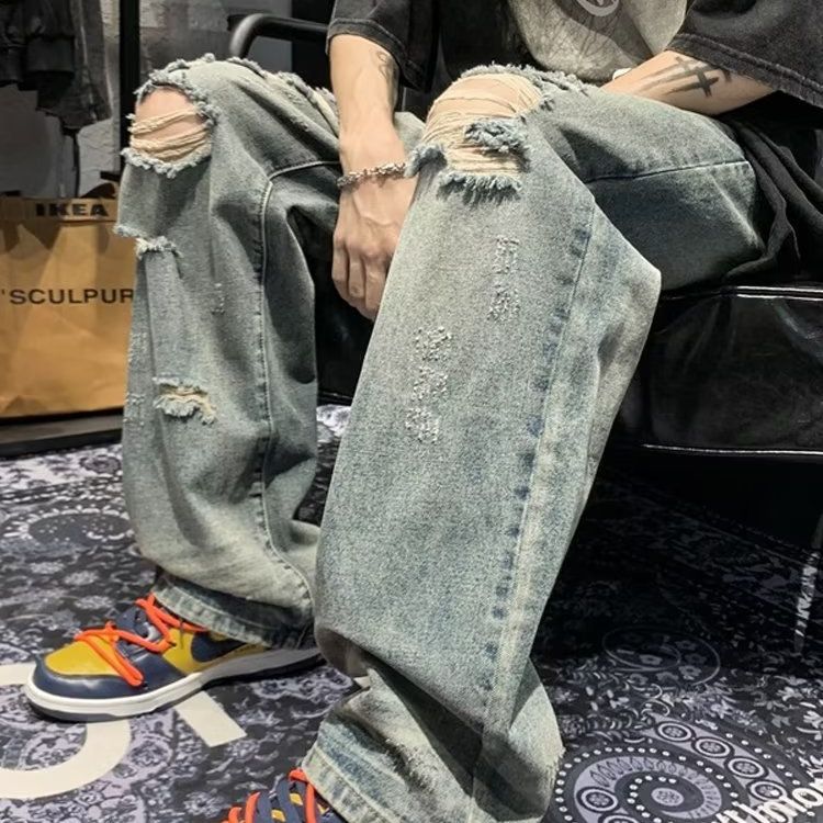 New Hong Kong Style Ripped Washed Distressed Jeans for Men, Loose and Comfortable, Trendy High Street Trousers, Drop Shipping