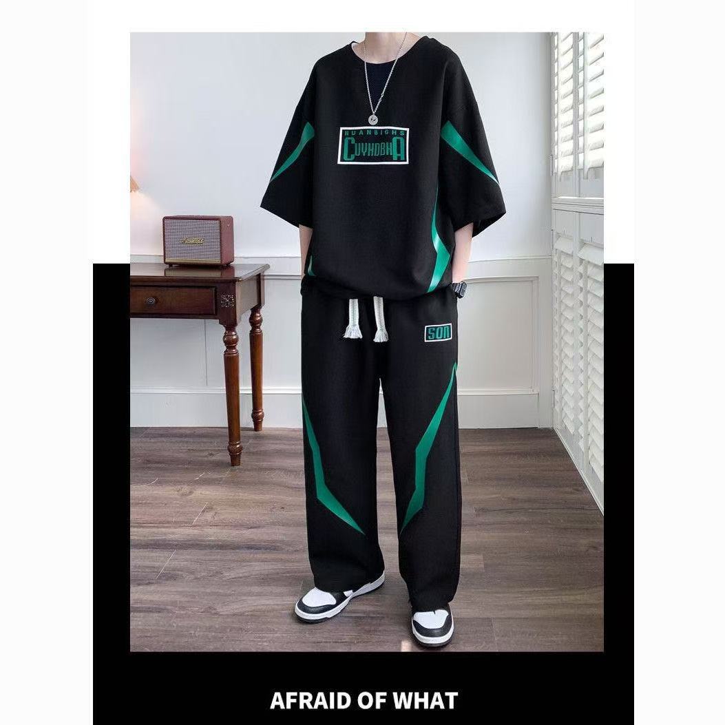 Men's Summer Casual Sports Suit Short Sleeved Trendy Fashion For Teenagers High School Students Cool Stylish Long Pants_viptrois.com