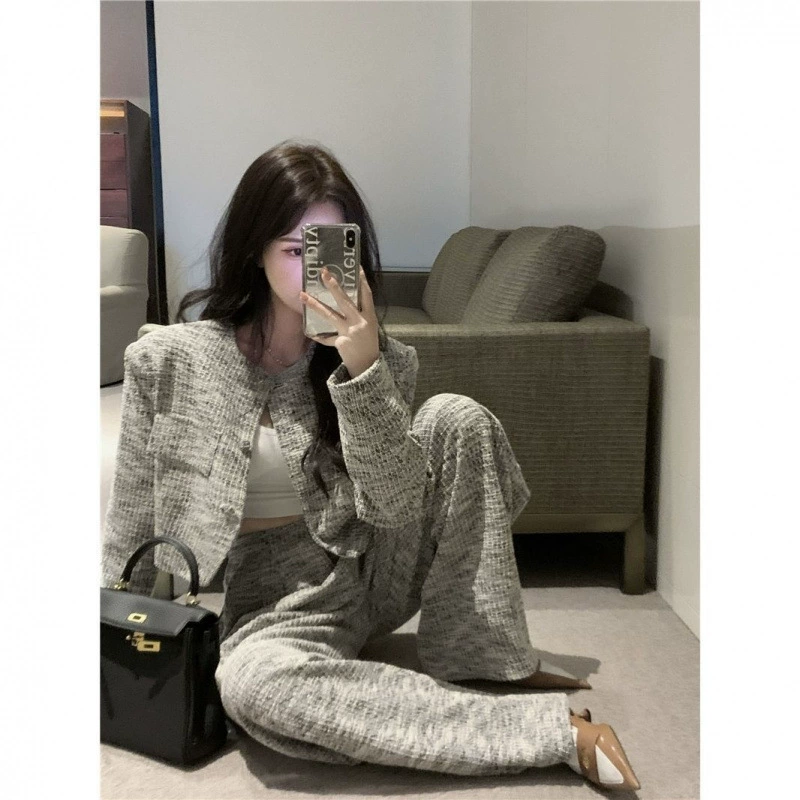 Женский набор французских пригородных ветровых цветов серый вязаный кардиган пальто с длинными рукавами осенью новые широкие ноги длинные брюки набор из двух частей