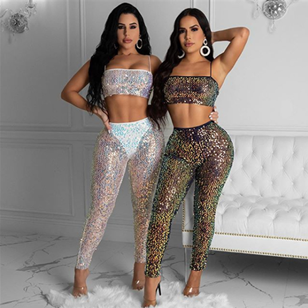 sequined sling short camisole with pants set nihaostyles clothing wholesale NSCYF80334