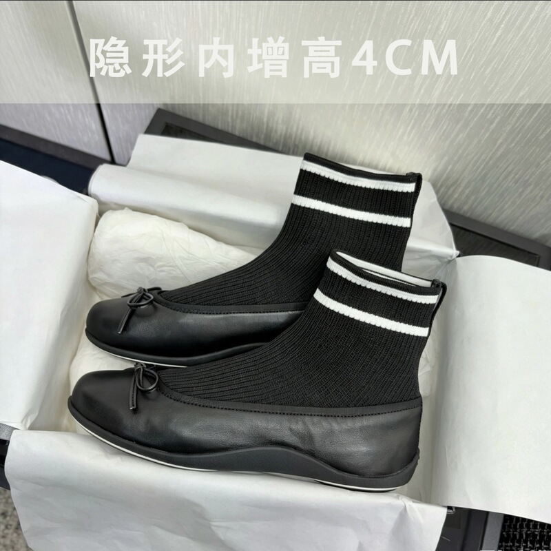 Chanel-Style Knitted Sock Boots for Women 2026 New Model with Bow, Round Toe, Flat Short Boots, Versatile Retro Slimming Elastic Boots Chanel-Style Knitted Sock Boots for Women 2026 New Model with Bow, Round Toe, Flat Short Boots, Versatile Retro Slimming Elastic Boots