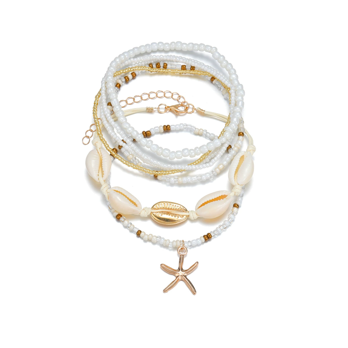 Ankle Bracelet Set, Marine Metal Pendant, Woven Elastic Beads with Starfish Charm, 7-piece