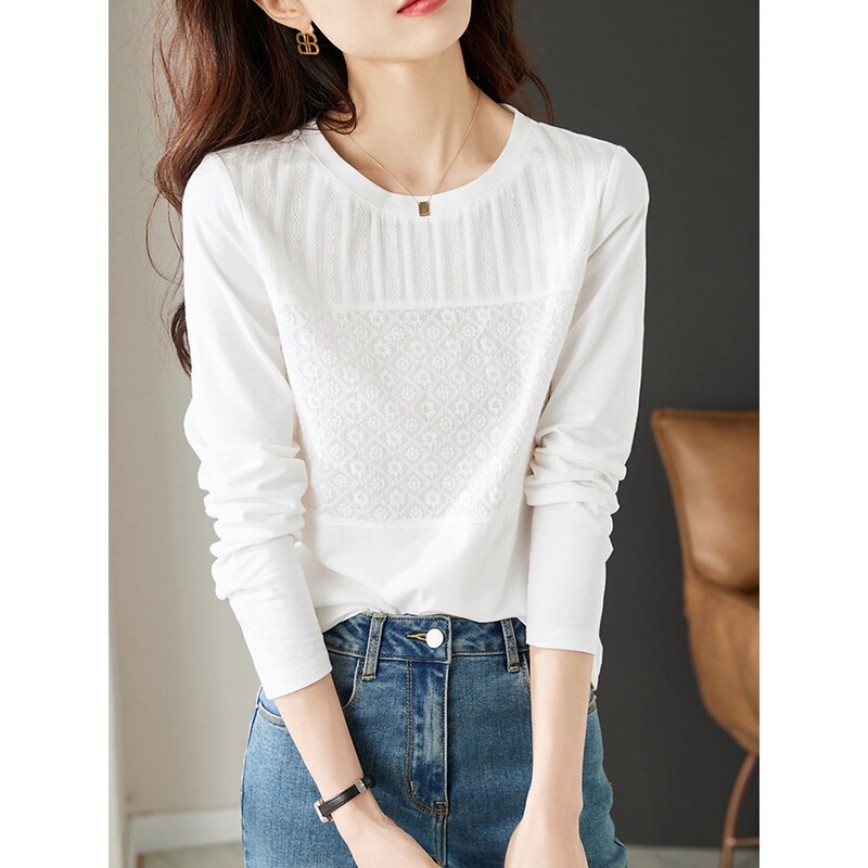 White Round Neck Long-Sleeved Cotton T-Shirt for Women, Spring & Fall Style, Chic and Beautiful Lace Splicing Versatile French Top