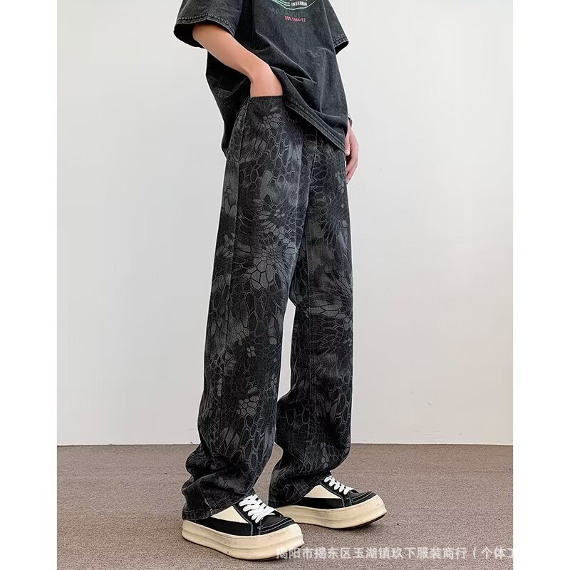 American-Style Distressed Washed Canvas Snake-Print Camouflage Pants, Wide-Leg Loose Straight Casual Pants, Unisex, Autumn