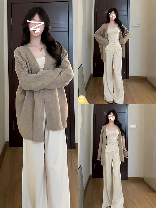慵懒风早秋穿搭燕麦色毛衣针织开衫女春秋2025高级感宽松休闲外套|undefined