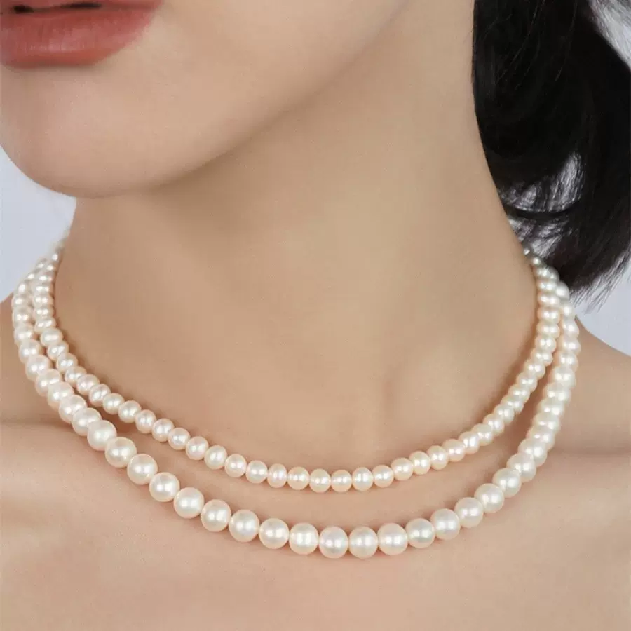 S925银项链天然珍珠项链年轻时尚近圆珍珠锁骨链女高级叠戴毛衣链