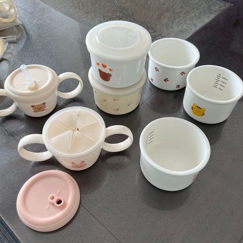 ins Korean style baby food binaural bowl, multi-functional binaural bowl with straw, anti-spill and leak-proof snack cup with lid