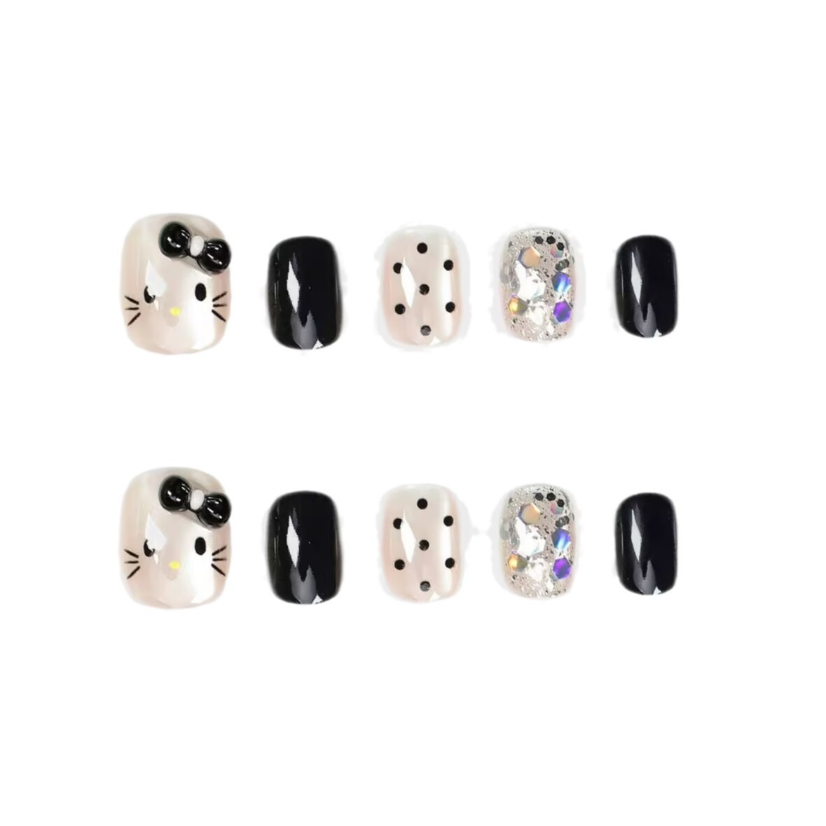 10 piezas de diseño de dibujos animados lindos para usar uñas blanqueadoras, arco de uñas dulces y frescas, uñas negras cortas, productos terminados