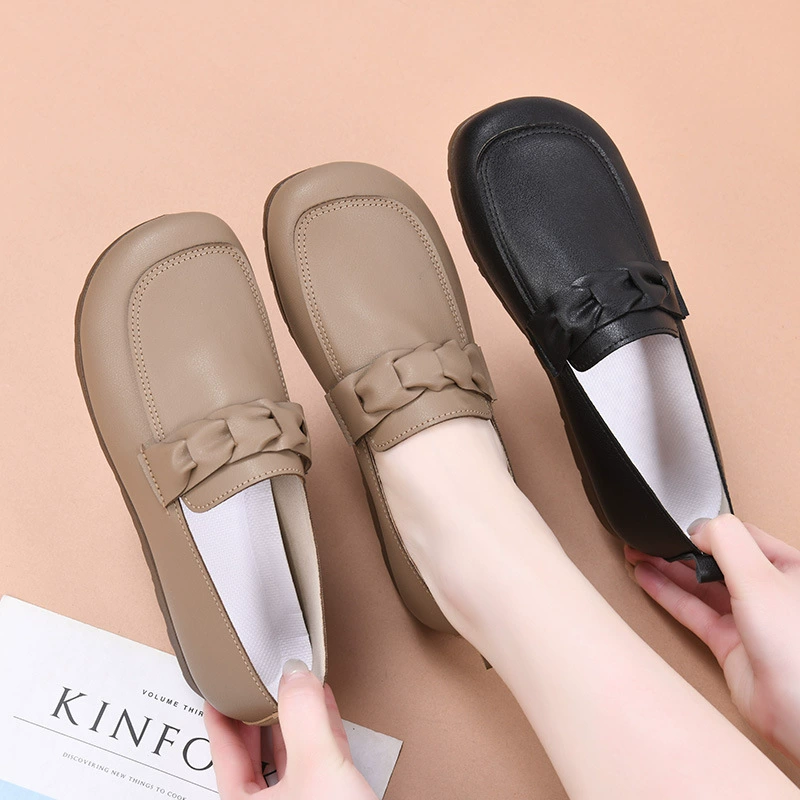 2025 весенние новые дышащие маленькие кожаные туфли, женская обувь на плоской подошве, нескользящая повседневная обувь, низкие туфли для ленивых, кожаные туфли для мам