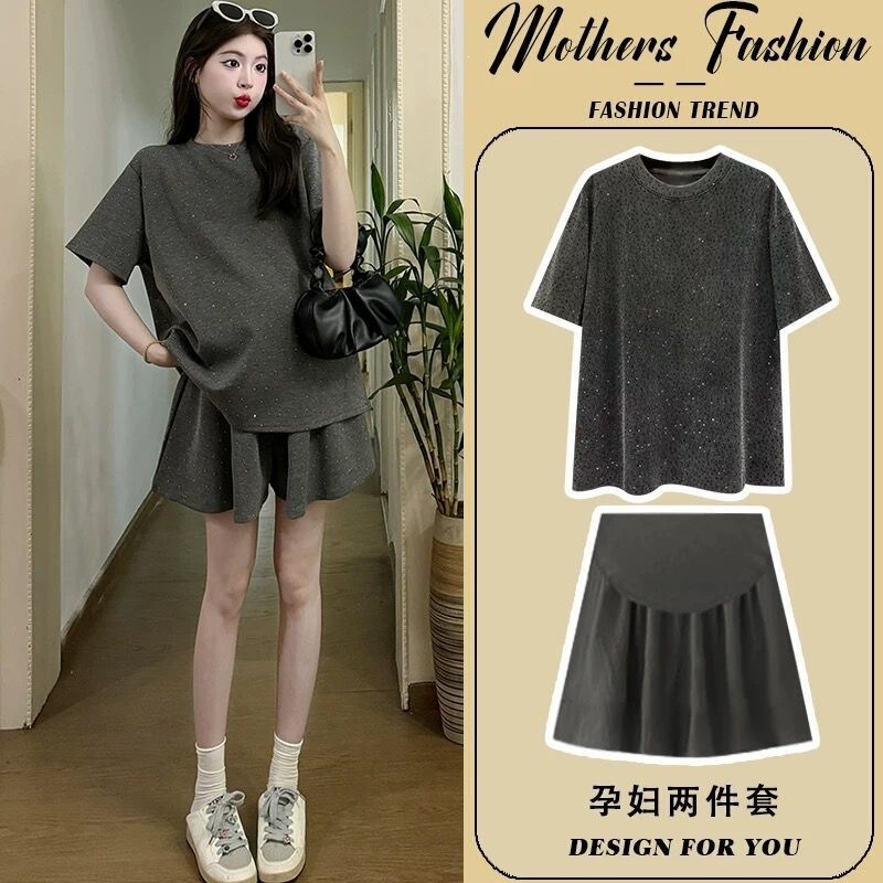 Maternity Set 2026 New Stylish and Fashionable Gray Casual Sports Short-Sleeve Shorts and Skirt Two-Piece Set for Summer Women