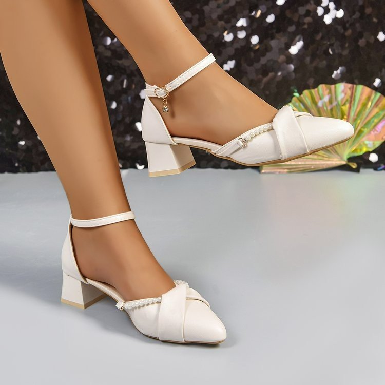 Sandalias de Tacón Alto Francesas de Tela y Caucho, Puntiagudas, Tacón Medio, para Verano image 1