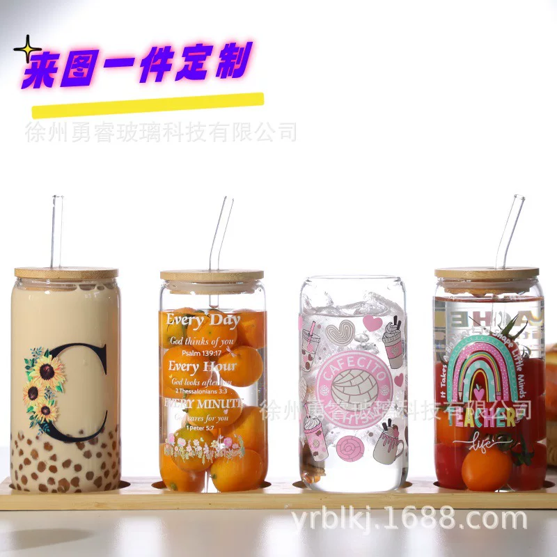 Glass Tumbler Set, 16 oz (500 ml), bamboo lid & straw, printed cola design
