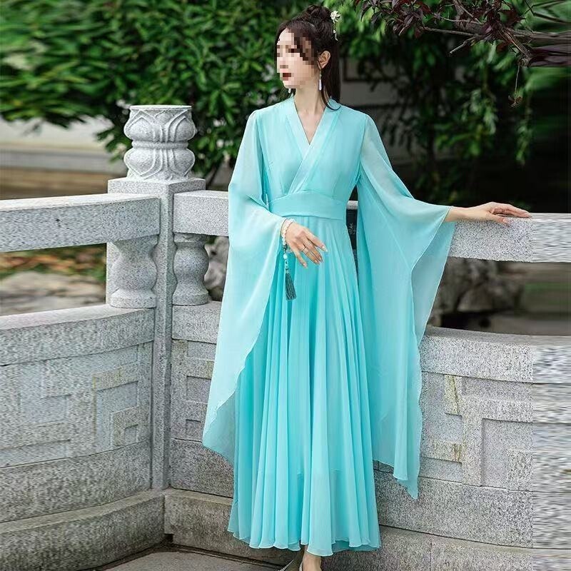 2026 Spring/Summer New Chinese Style Women's Clothing Hanfu Chiffon Fairy Dress Women's Cross-Collar Tea Dress with Large Hem