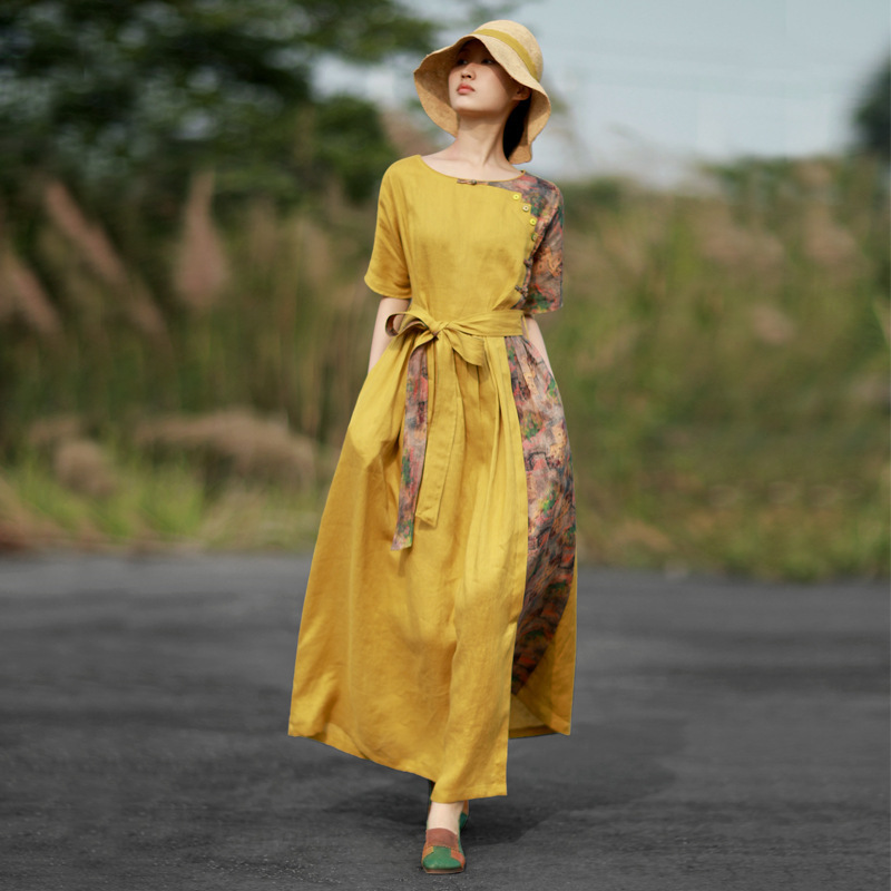 Hexuan Original Original Ethnic Cotton and Linen 2023 Summer New Color Stitching Chinese Style Long Dress Elegant Women