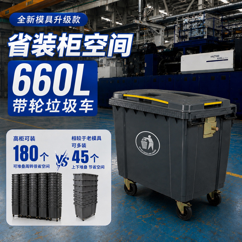 Export-grade high-capacity 180-unit 660L sanitation trash bins for municipal large-capacity garbage trucks and hand-pulled trailer bins