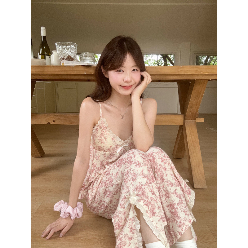 Real shot 2025 summer sweet ink national style flower strap with bra breast pad home clothes pajamas suit wholesale