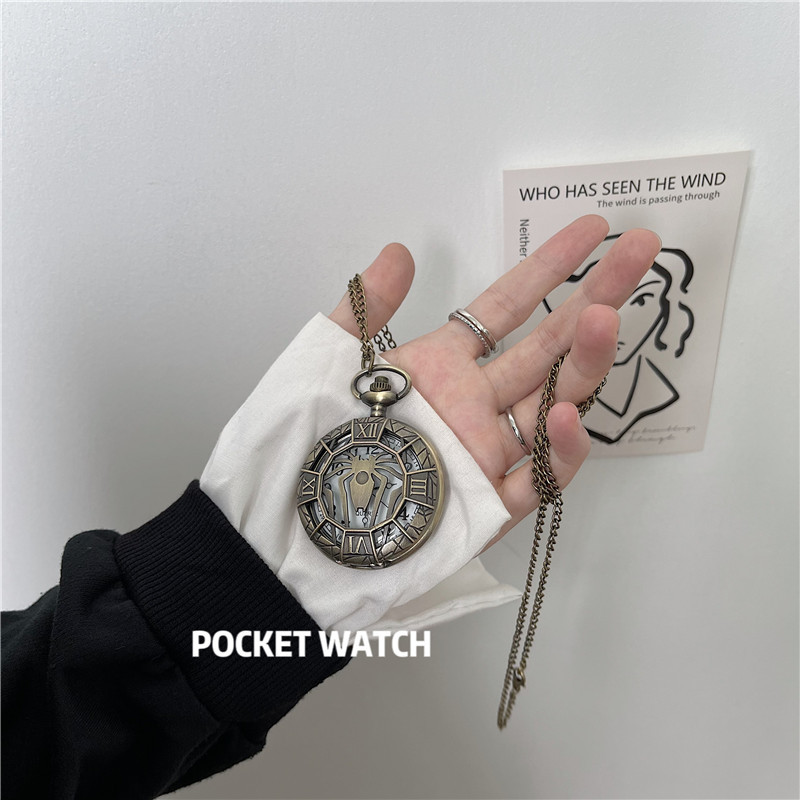 Large Hollow Spider Shape Pattern Pocket Watch Bronze Gold Face Nostalgic Pocket Watch Quartz Watch Stylish Trendy Student