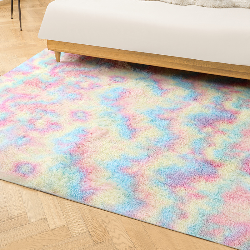 Fábrica al por mayor de lana larga alfombra tie-dyed degradado de color engrosada alfombra de cifrado sala de estar dormitorio mesita de noche alfombra manta de noche