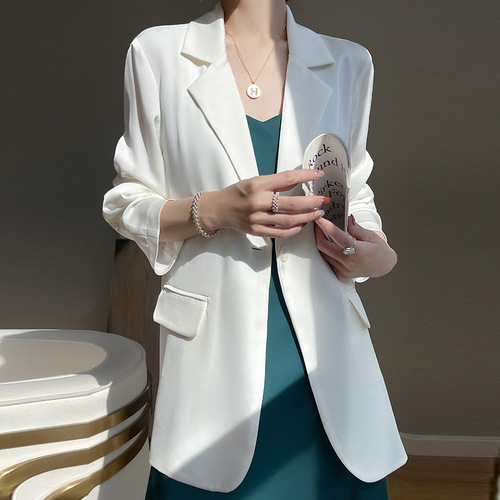 French-style white silk suit jacket for women, summer loose and thin one-button casual blazer top