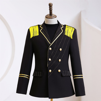 Navy court style men's jazz dance coats host singers stage performance jackets for man concert Singer Host Costume Stage Embroidered Dress Court Suit for man