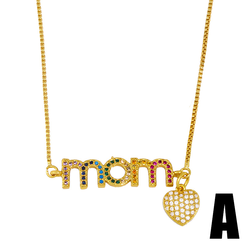 Fashion Micro-inlaid Color Zircon Letter Mom Copper Necklace display picture 4