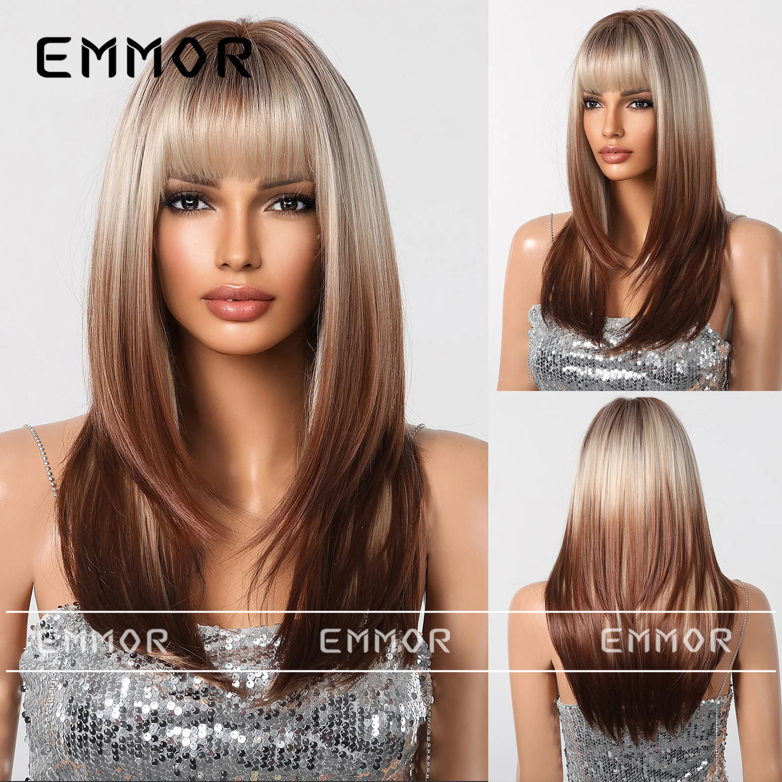 Suministro transfronterizo de nuevos productos Qi flequillo dorado degradado marrón en capas micro-rizado peluca europea y americana tipo de cabello completo