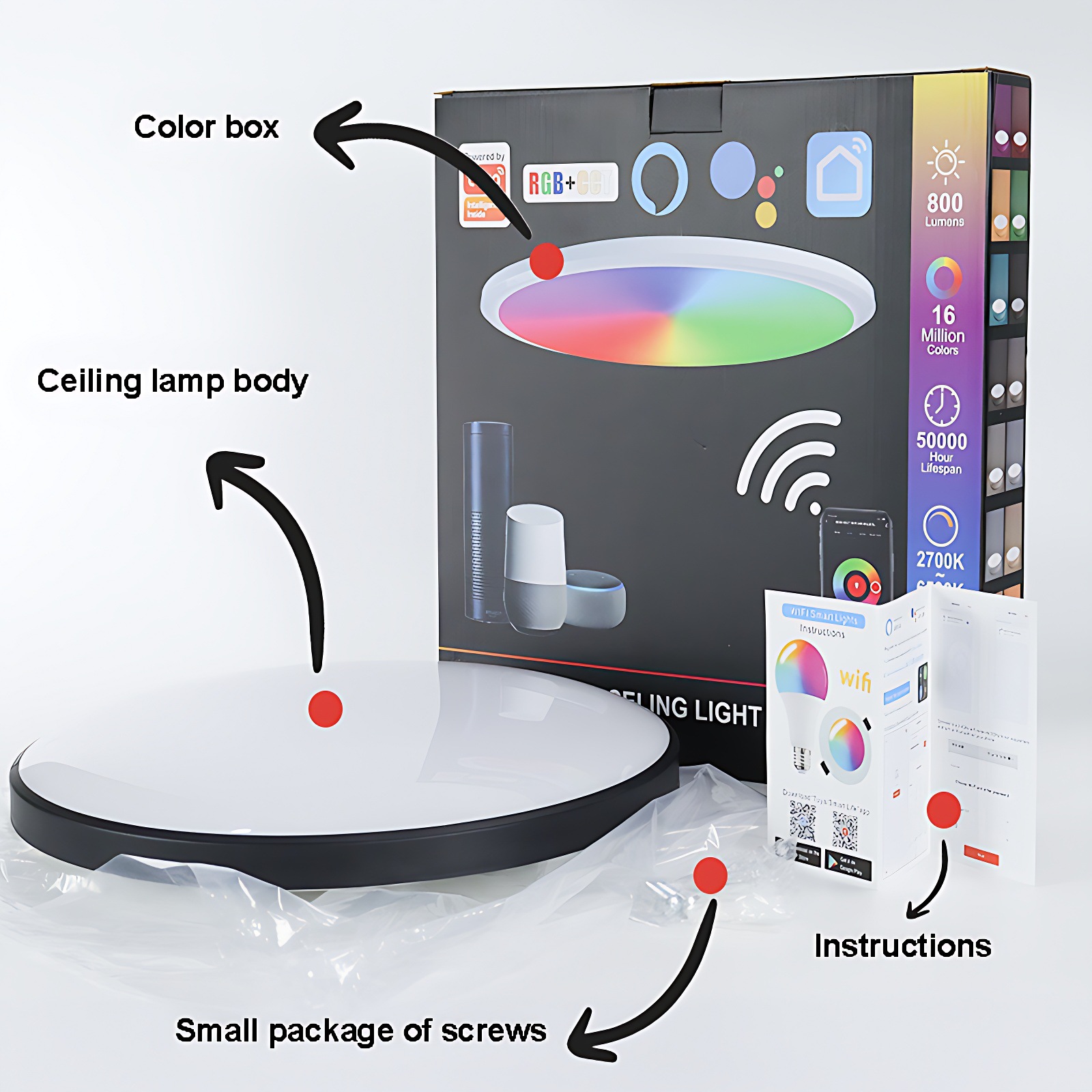 Nueva lámpara de techo de Amazon RGBCW atenuación de color a todo color Smart WiFi lámpara de techo alexa voz