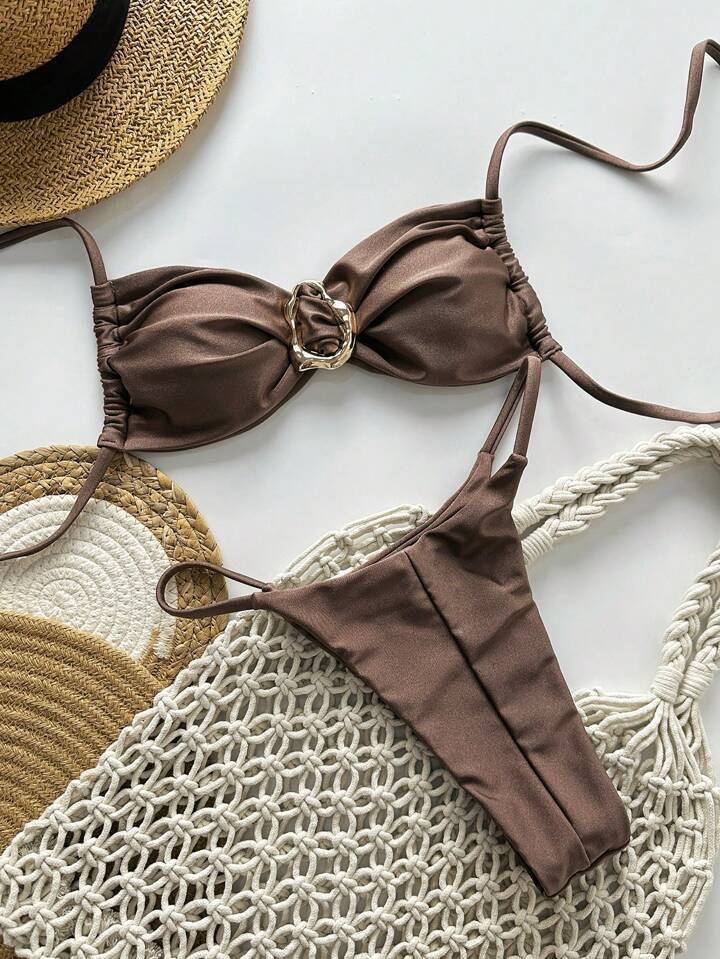 2025 Traje de baño europeo y americano transfronterizo dividido color sólido y doble tela brillante sexy bikini comercio exterior