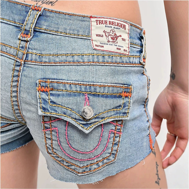 European and American Cross-Border True Religion Color-Block Embroidered Low-Waist Denim Shorts Sexy Slim-Fit Hip-Hugging Hot Pants Y2K